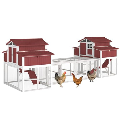 Gowoodhut 230.72" L 2-Story Chicken Coop with Extra Run Cage,Chicken House Hen House with 4 Large Nesting Boxes,Expandable Poultry Cage for 8-12 Chicken with 12 Perching Bars,Pull-Out Tray,Ramps(RED) - size: 230.7"L x 56.3"W x 52.8"H