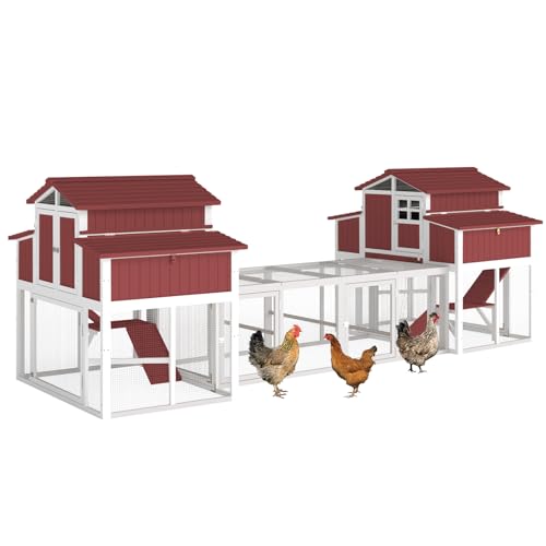Gowoodhut 230.72" L 2-Story Chicken Coop with Extra Run Cage,Chicken House Hen House with 4 Large Nesting Boxes,Expandable Poultry Cage for 8-12 Chicken with 12 Perching Bars,Pull-Out Tray,Ramps(RED) - size: 230.7"L x 56.3"W x 52.8"H