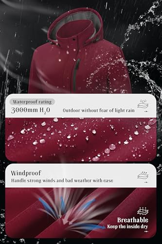 Pursky Women's Softshell Jacket Lightweight Fleece Lined Rain Jacket Waterproof Warm Windbreaker Coat With Removable Hood - color: Burgundy, size: XX-Large
