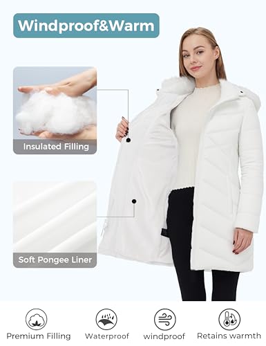 ZSHOW Women's Long Winter Coat Waterproof Warm Quilted Puffer Jacket with Faux Fur Hood - color: White, size: X-Large