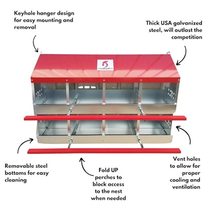 Duncan's Chicken Nesting Boxes - 8 Hole Metal Poultry Nest Box Wall Mount for Chickens, Hens, Ducks - Easy Egg Collection - Large Vented Holes - Fold Up Perches