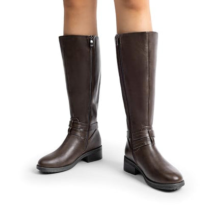 DREAM PAIRS Women's Knee High Boots, Buckle Riding Boots - color: Brown, size: 7.5 Wide