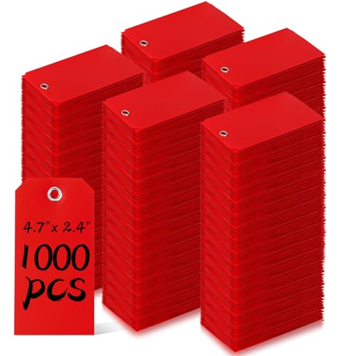 1000 Pieces 4 3/4" x 2 3/8" Plastic Shipping Tags Labeling Tags Waterproof Hang Tags with Reinforcement Hole Writable Luggage tag Loops for Equipment Car Parts… (Red) - color: Red