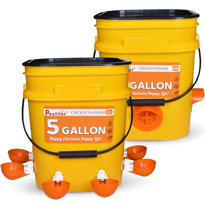 5 Gallon/44 Lbs Automatic Chicken Feeder & Waterer Set with Buckets, No Waste Feeder Port & Waterer Cup, Rain Proof Poultry Feeders, Keeps Out Small Animals, Ideal for Duck, Chick & Turkey