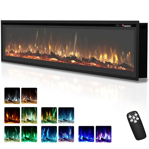 EUHOMY 73 inch Electric Fireplace Recessed Wall Mounted Freestanding with Remote Control, Ultra-thin Fireplace Heater with Adjustable Flame Color, Linear Fireplace with Timer, Log & Crystal, 750/1500W - size: 73 Inch Premium