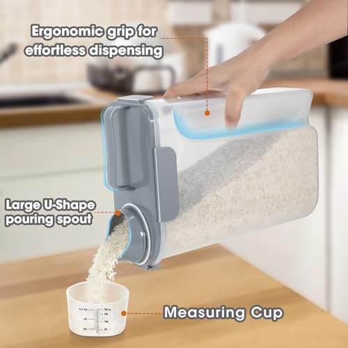 TBMAXS Rice Storage Container 10 Lbs, Airtight Food Dispenser with Large Spout and Cup for Pet Dog Cat Food Storage 7 Lbs - color: Grey-10L
