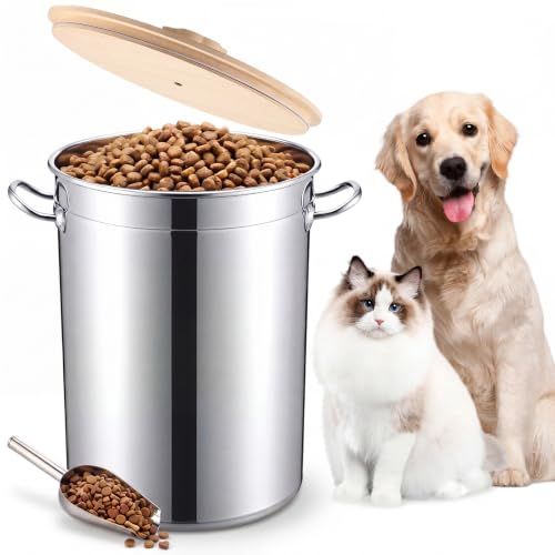 Maxdot 35 Lbs Stainless Steel Food Storage Container for Dog with Airtight Bamboo Lid Spoon & Wooden Claw Handle, Large Metal Pet Food Bin to Keep Fresh Easy Clean & Use for Dog Multiple Pet - size: 35 Lbs