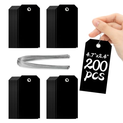 200 Pieces 4 3/4" x 2 3/8" Black Hang Tags with String Attached Heavy Duty Tags with Wires Shipping Label Tags Inventory Tags Garage Sale Tags for Retail Storage Gift Equipment Garage Parts(Black) - color: Black