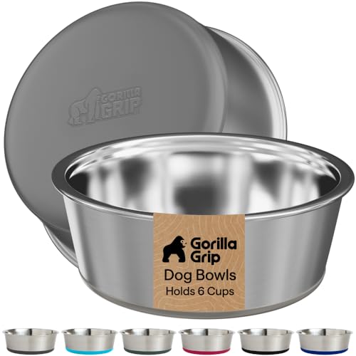 GORILLA GRIP Dog Bowls, Food Grade 304 Stainless Steel, Holds 6 Cups Each (48 fl oz) Food and Water Bowl for Feeding Dogs and Cats, Dishwasher Safe, Rust Resistant, BPA Free Rubber Base Set of 2 Gray - color: Gray, size: 6 Cup (48 Oz)