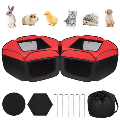 Small Animals Playpen, 2 Pcs Removable Pop-up Chicken Brooder Box with Cover & Zippers, Breathable Foldable Dog Cat Playen Chicken Run Coop Indoor Outdoor for Chick, Rabbits, Kittens, Puppies
