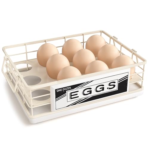 Farmhouse Wooden Egg Holder Countertop, Oak Wood & Metal Egg Basket with Handles for Fresh Eggs, Stackable Rustic Egg Tray Organizer for Kitchen Counter, Holds 12 Eggs, Farm Fresh Egg Storage (White) - color: White & Beige