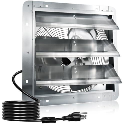 Hiorucet 10 Inch Wall Mounted Shutter Exhaust Fan with 1.8 Meters Power Cord, 844CFM Low Noise Aluminum Louvered Exhaust Fan for Greenhouse, Garage, Shop, Attics, Shed, Chicken Coop Ventilation Fan. - size: 10'' Exhaust Fan