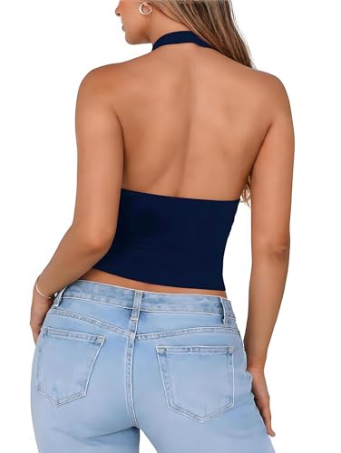 ForeFair Women Sexy Halter Neck Backless Going Out Crop Tank Top Deep V Neck Open Back Sleeveless Slim Fit Y2k Summer Tops - color: Navy Blue, size: Large