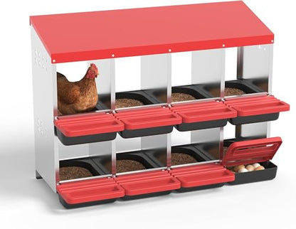 Heavy Duty Galvanized Steel Chicken Nesting Box – 8 Holes, Roll Away Egg Laying, Protective Lid, Wall Mounted or Freestanding, Easy Clean, Vented Pegboard Side, Red (Pegboard Side Design) - color: Red, size: 8 Room&Mat Board