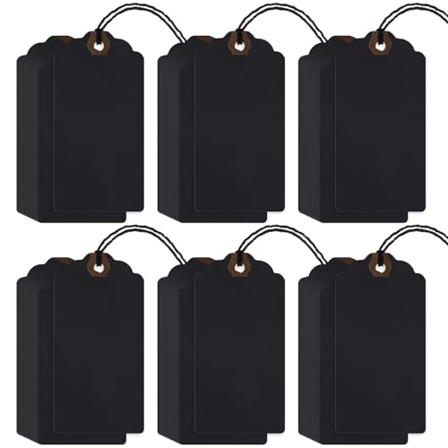 Outus 60 Pcs 4 3/4-in x 2 3/8-in Blank Large Paper Gift Tags with String and Reinforced Eyelet Wire Writable Price Tags Shipping Labels Inventory Labels(Black) - color: Black