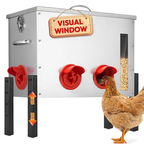 Chicken Feeder Metal 40lb,Automatic Chicken Feeder with Viewing Window,No Waste Height Adjustable Large Capacity Poultry Equipment,Rat Proof,Rodent Proof,Weatherproof Silo,Outdoor Chicken coop