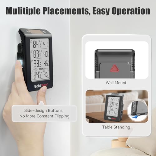 BaldrTherm Indoor Outdoor Thermometer Wireless, Temperature Humidity Monitor with 3 Remote Sensors, 4.8" Digital Display 330ft Range Real-Time Alerts Smart Backlight Hygrometer Thermometer, Black