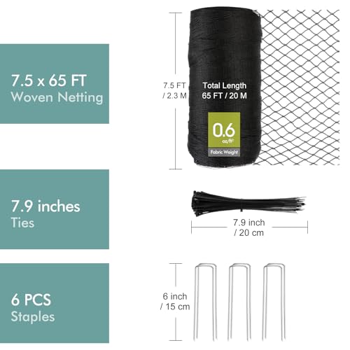 Bird Netting for Garden, Fetanten 7.5 x 65 FT Netting for Garden Protection Vegetables Fruit Trees Blueberry from Birds Deer Poultry, Heavy Duty Woven Mesh Net Animal Fencing with Ties and Staples - size: 7.5 x 65FT