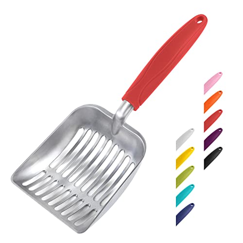 WePet Cat Litter Scoop, Aluminum Alloy Sifter, Kitty Metal Scooper, Deep Shovel, Long Handle, Poop Sifting, Kitten Pooper Lifter, Durable, Heavy Duty, for Litter Box - color: FLAT Aluminum \ #08 Red Handle, size: Small