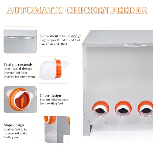 Automatic Chicken Feeder No Waste Large Capacity 85lbs 10-Ports Metal Poultry Feeder with Pull Handle for Chickens Geese Ducks Poultry Coop Weatherproof Design - color: 85lb with 10 Ports