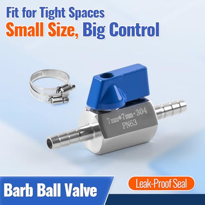1/4" Hose ID Barb Ball Valve, 304 Stainless Steel Dual 7mm Barb Mini Heater Hose Shut Off Valve with Clamps for Fuel, Gas & Water Lines - size: 1/4 Inch