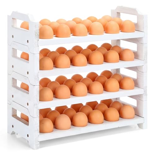 Reallnaive 4 Tier Wooden Egg Holder for Countertop, Stackable Fresh Egg Storage Farmhouse Collecting Rack for Gathering Kitchen Organizer Duck Eggs Display, Stackable with 72 Eggs (White,Pine) - color: White