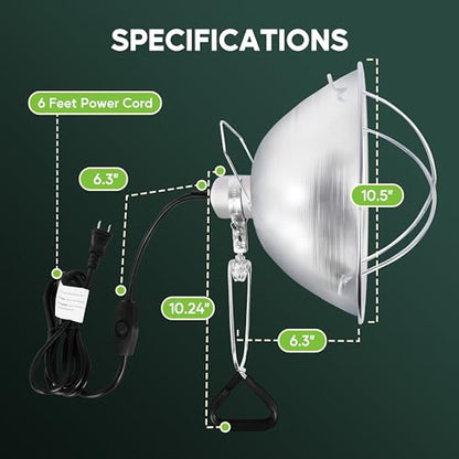 HealSmart 10.5" Clamp Light Socket and Bulb Guard, 250-Watt Maximum with 6 Feet 18/2 SPT-2 Cord, Aluminum Reflector E26 (no Bulb Included), for Reptiles and Plants Growing, (Pack of 1) - size: 10.5 Inch (250 Watts), style: 1-Pack
