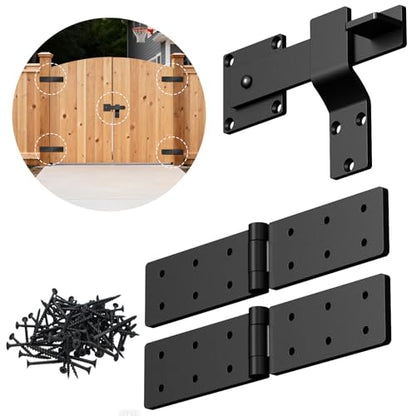 Fence Gate Hinges and Latch Set Heavy Duty -Black 270 Degree Strap Hinge & Adjustable Latch Kit for Outdoor,Garden,Backyard,Barn,Shed Wood Doors -Rust-Resistant Farm Gate Hardware with Screws