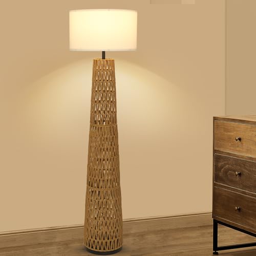 Boho Rattan Floor Lamp with Linen Shade, Modern Farmhouse Floor Lamps for Living Room, Vintage Standing Lamps Corner Column Lamp, Industrial Tall lamp for Bedroom Office Reading Light - style: Bohemian