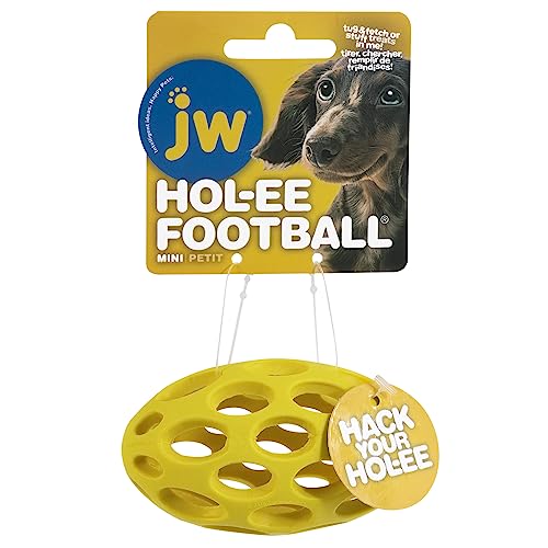 JW Pet Hol-ee Football Dog Toy Puzzle Ball, Natural Rubber, Mini (5.25 Inch Length), Colors May Vary - size: Mini