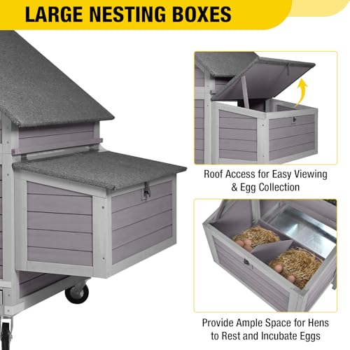 Aivituvin Chicken Coop with Wheels Large Poultry Cage with Two Nesting Boxes Outdoor 19ft² Wooden Hen House - size: 67"L x 39.8"W x 49.5"H