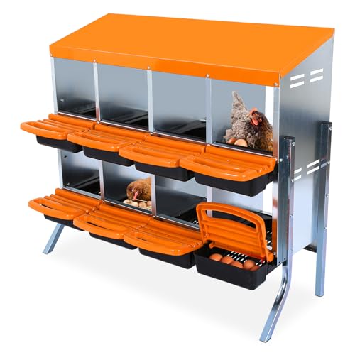 Chicken Nesting Boxes, Roll Away Nesting Box 8 Hole Metal Chicken Egg with Leg for Chicken Coop, Swing Perch and Rollout Egg Collection, Orange - color: Orange, size: 8 holes with legs