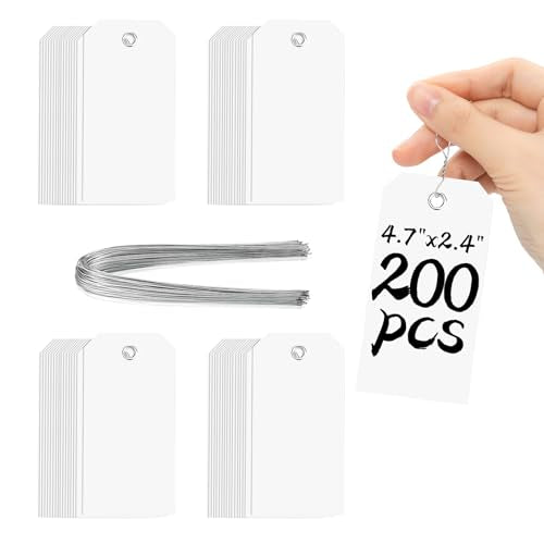 200 Pieces White Blank Shipping Tags 4 3/4" x 2 3/8" With String Hanging Plastic Attached - Reinforced Waterproof Wire Marking Tags #5 for Inventory, Luggage, Garage Parts, Asset (White) - color: White