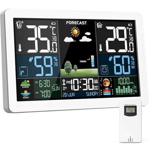 Weather Station Wireless Indoor Outdoor, Thermometer Wireless with Remote Sensor, Home Weather Station, Color Display Digital Weather Forecast, Humidity, Atomic Clock, Air Pressure for Home - color: White