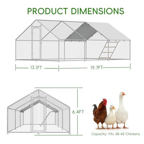 Large Metal Chicken Coop Run with Roosting Perch, Outdoor Waterproof & UV-Resistant Cover for Chickens, Ducks, Rabbits, and Hens in Yard or Farm Use Spire Roof (13.1'Wx19.7'Lx 6.5'H) - size: 236.0"L x 157.5"W x 78.0"H