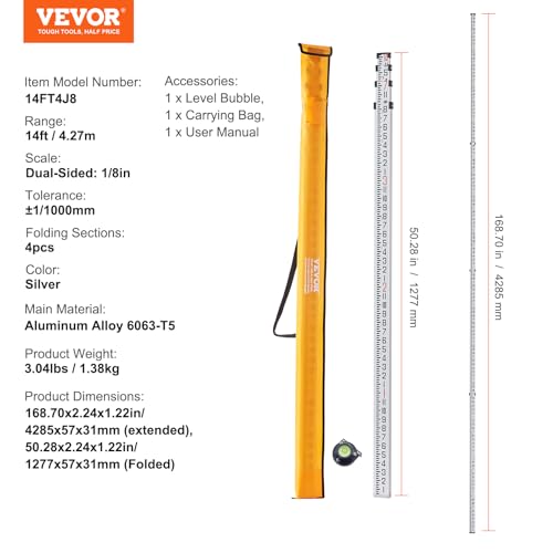 VEVOR Aluminum Grade 14-Feet 4 Sections Telescopic Measuring Rod, Double-Sided Scale 1/8in Leveling Rod Stick with Bubble Level & Carrying Bag for Houses, Walls, Floors - size: 14 FT-8ths