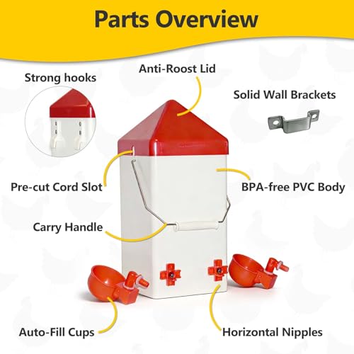 Hanging Chicken Waterer, 1 Gallon PVC Chicken Waterer with 2 Auto-Fill Cups & Horizontal Nipples, Hooks for 20mm×20mm+ Mesh, Suitable for Chicks, Chickens, Quail, Pigeons & Gamebirds
