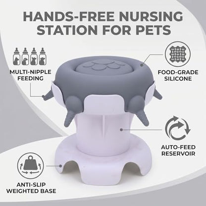 Pssopp Feeding Supplies Silicone Puppy Nursing Station Puppy Feeder Milk Bowl with 4 Nipples for Newborn Rabbits Kittens Other Animals Pet Milk Feeder Station, Pet (Grey) - color: Grey
