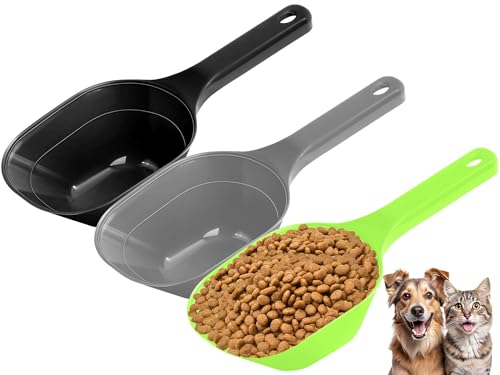 3PACK Dog-Cat Food-Scoop Measuring-Cup,1 Cup Capacity Versatile Plastic Pet Food Scoop with Measuring Lines 1 Cup and 1/2 Cup for Precise Portion Control (Black, Grey and Green)