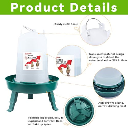 2-in-1 Chick Starter Set: 0.3 Gal Feeder & 0.4 Gal Waterer with Adjustable Legs for Baby Chicks, Hanging Hooks, Anti-Drown Design - BPA-Free Plastic (Green) - color: Green