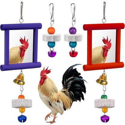 Sumind 2 Pieces Chicken Mirror Toys Hanging Swing Mirror with Bell Wooden Pecking Toy and 4 Pieces Beak Grinding Molar Stones for Hens Birds Parrots(Red,Purple) - color: Red,Purple