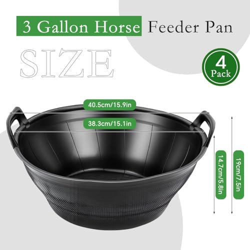 4Pcs Large Rubber Feeder Pan, 3 Gallon Horse Feed Bucket Water Bowl, Heavy Duty Horses Feed Bucket Dog Bowl Horse Feeder Pan for Cats Dogs Goats Chicken Dust Bath Container Farm Animal Feeding