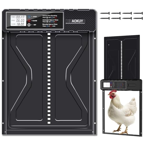 Automatic Chicken Coop Door with LCD Timer – Battery Powered Auto Open/Close, Predator-Proof Aluminum Hen House Door, Weatherproof, Easy Install, Timer-Controlled Coop Door - color: Black+Battery