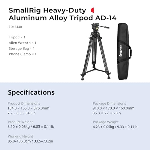 SMALLRIG 73''/186cm Heavy Duty Aluminum Alloy Video Tripod, Max Load 8kg (18lbs), Fluid Head with +85° to -78 Tilt Range, Compact Travel Tripod Weight 3.1kg(6.8lbs), Folded Height 88cm, AD-14