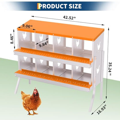 8 Compartment Chicken Nesting Box, Galvanized Steel Metal Laying Box with Removable Tray Roll-Out Egg Collection, Wall Mount Hen Roosting Box, Easy Egg Collection - color: Orange, size: 8 holes with legs