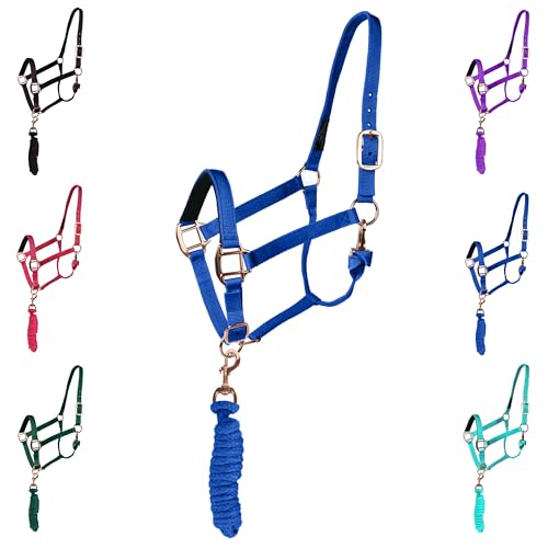 Majestic Ally Halter with Lead Rope for Horses–Adjustable Chin and Crown–Rolled Throat Latch with Replaceable Snap–Padded Noseband–Heavy Duty Rose Gold Finish Hardware - color: Royal Blue, size: Draft
