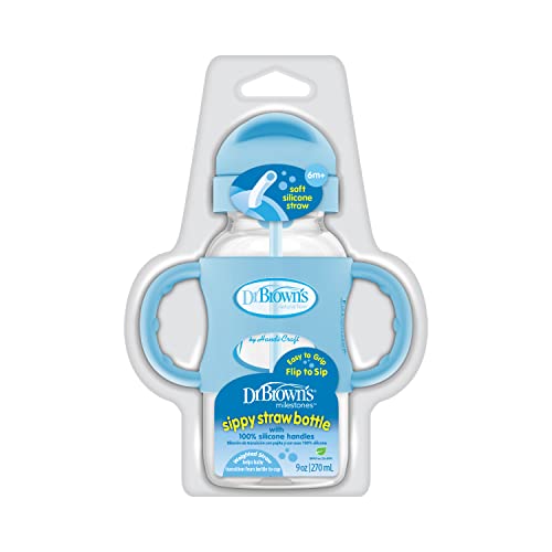 Dr. Brown's Milestones Wide-Neck Sippy Straw Bottle with 100% Silicone Handles and Weighted Straw, 9 oz/270 mL, Blue, 6m+ - color: Blue, size: 1 Count (Pack of 1)