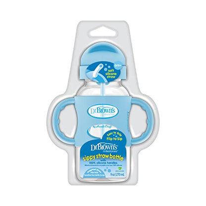 Dr. Brown's Milestones Wide-Neck Sippy Straw Bottle with 100% Silicone Handles and Weighted Straw, 9 oz/270 mL, Blue, 6m+ - color: Blue, size: 1 Count (Pack of 1)