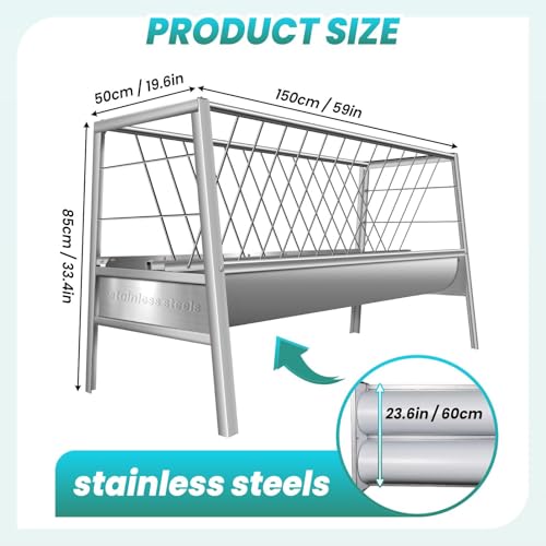 Pasture Hay Feeder 96 Gallon, Heavy Duty 2-in-1 Pasture Feeder, 5" Long Goat Hay Feeder with All Steel Frame, Easy to Assemble and Carry for Sheep, Calf, Cow and Horse (Stainless Steel)