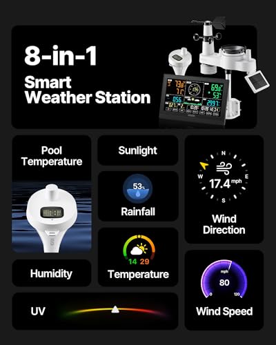 VEVOR 7-in-1 Wi-Fi Weather Station with APP, 7.5 in Display, Wireless Solar Powered Outdoor Sensor, with Pool Thermometer, Rain Gauge, Indoor Outdoor for Weather Forecast, Wind Speed, Pool Temperature - style: 7in1 WiFi with Pool Thermometer